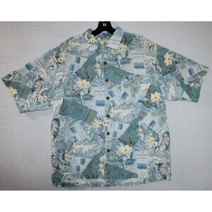 Seven Palm Mens Medium Hawaiian Silk Shirt Hibiscus Green Blue Floral Button Up